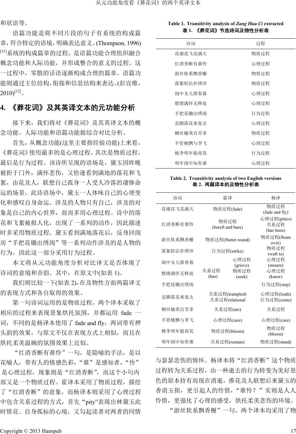 从元功能角度看《葬花词》的两个英译文本Two English Versions of Zang Hua Ci: A SFL Interpretation