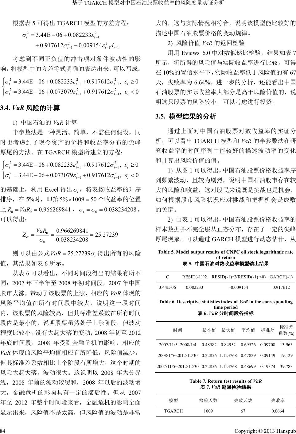 基于TGARCH模型对中国石油股票收益率的风险度量实证分析Empirical Analysis on CNPC Stock Risk  Measurement of Returns Ratio Based on TGARCH Model