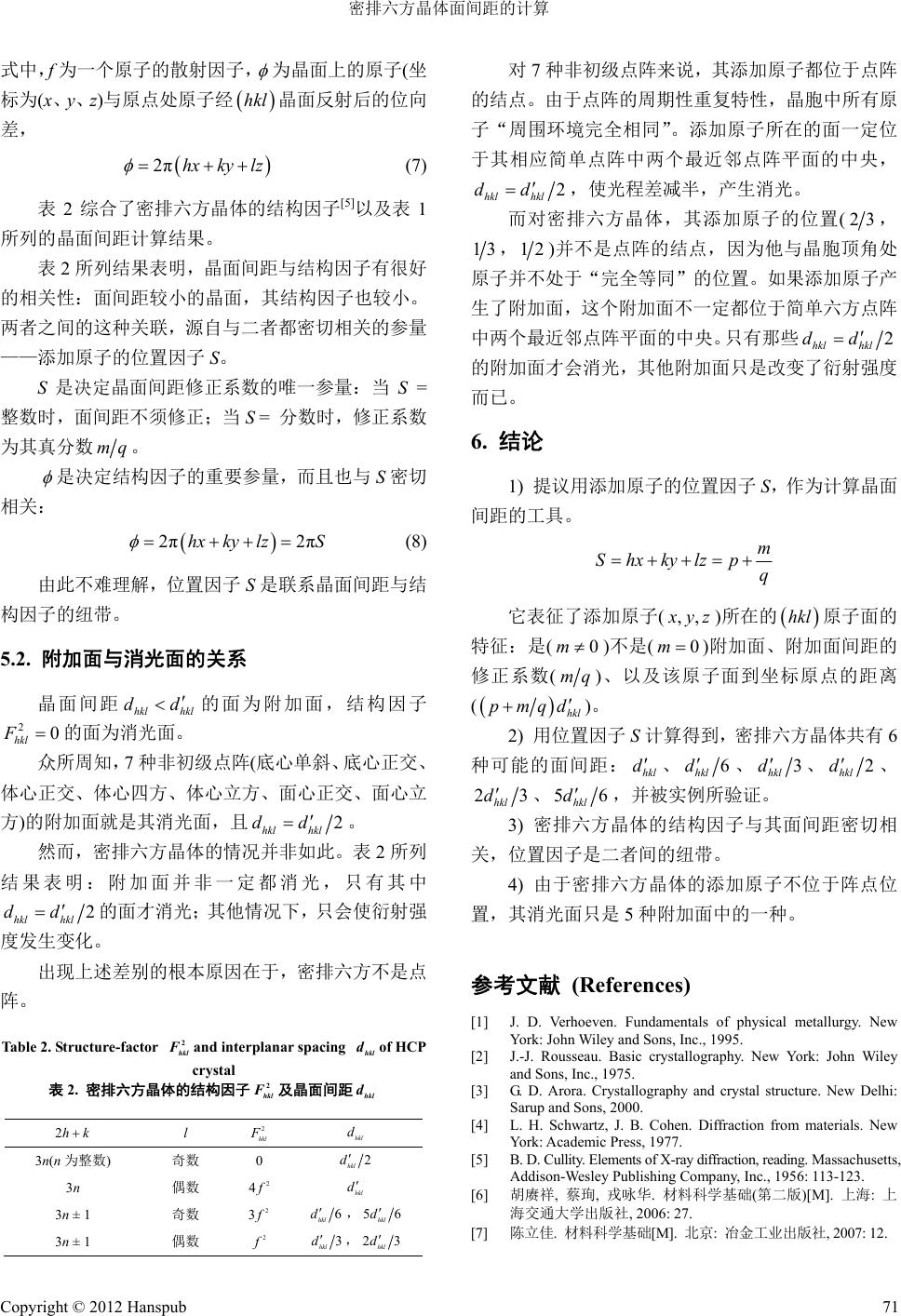 密排六方晶体面间距的计算calculation Of Interplanar Spacing In Hexagonal Close Packed Crystal