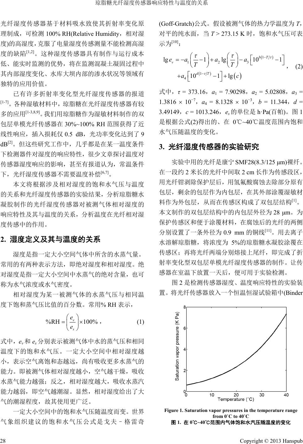 琼脂糖光纤湿度传感器响应特性与温度的关系Relationship between Temperature and the Response of an  Optical Fiber Humidity Sensor Fabricated by Agarose