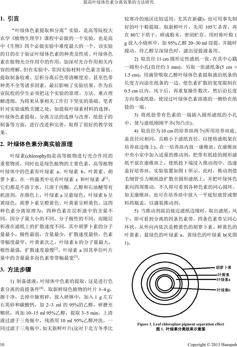 提高叶绿体色素分离效果的方法the Improvement Methods Of Leaf Chloroplast Pigment Separation Effect